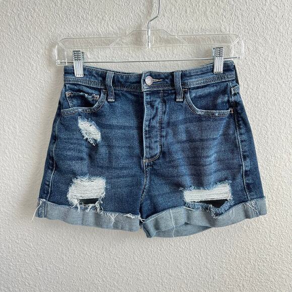 Hollister Curvy Ultra High Rise Mom Short Women's 25 Distressed Cuffed Stretch - Picture 1 of 4